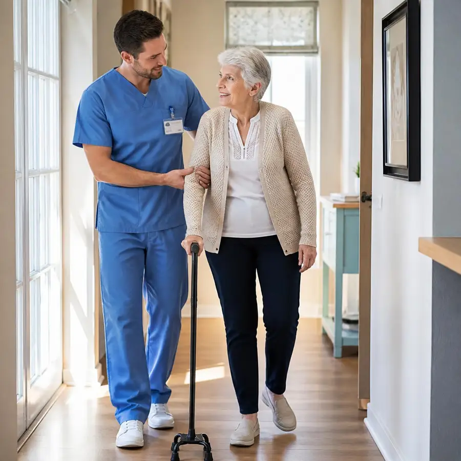 Physiotherapist helping an elderly patient walk at home