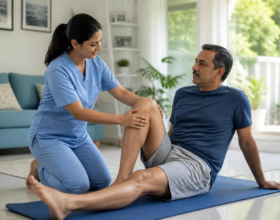 Physiotherapist treating a patient's knee in his Thane home